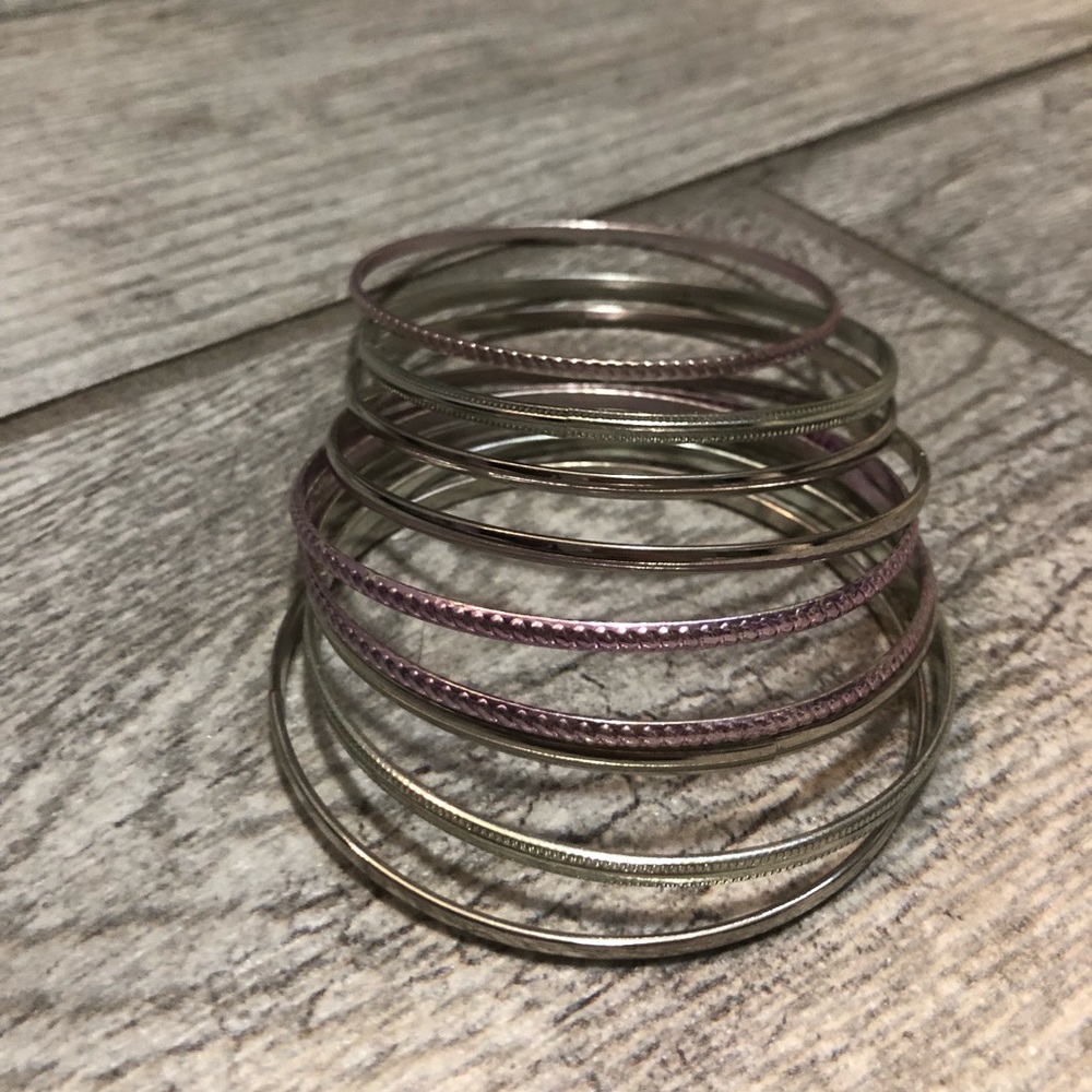 Set of 9 pink & silver bangle bracelets
